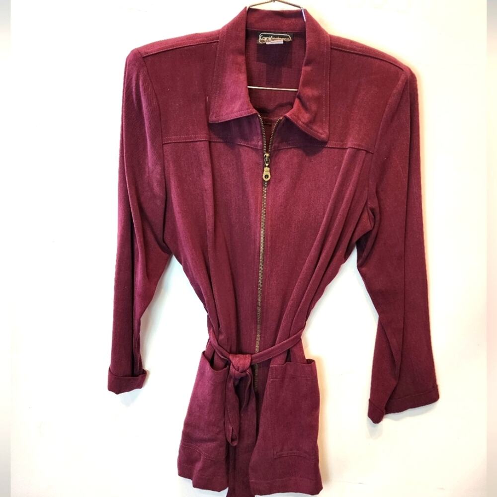 Vintage 90's Burgundy Wine Jacket Blazer‎ Belted Pre-Loved Silk Tencel Jacket 12